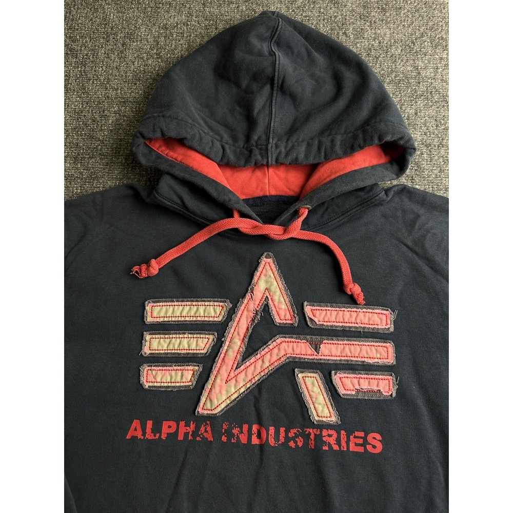 Mens Hoodie Alpha Industries Applique Logo Pullover Black, Size XL - Picture 2 of 6